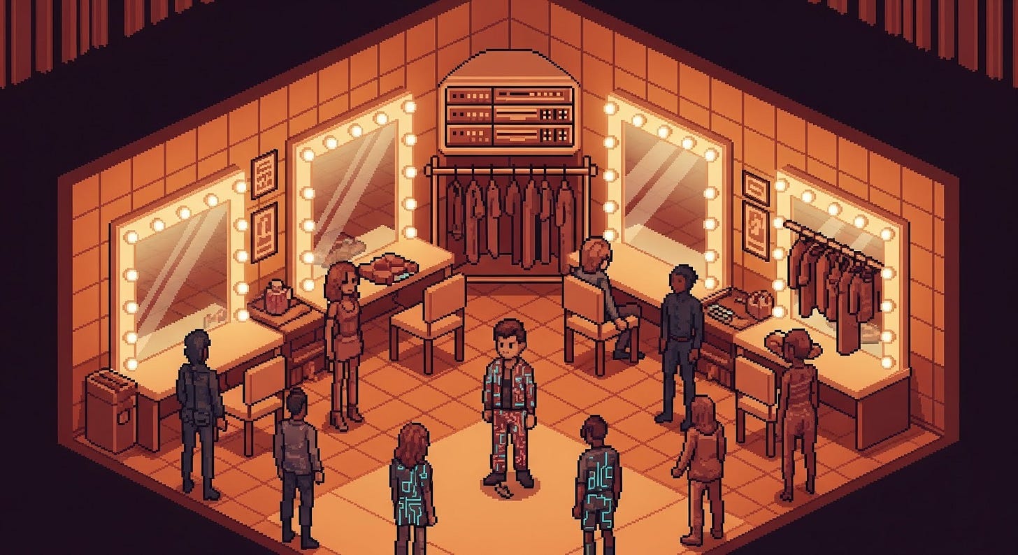“90s retro River City–style pixel art, scaled-up pixels, warm SNES palette enhanced with #eb5622 orange highlights, #111315 deep black shadows, and #f9f4f2 soft white lighting. Slightly isometric 3/4 angle. Backstage dressing room: vanity mirrors glowing with #f9f4f2 bulbs, garment racks, and server-rack–shaped wall lights trimmed in #eb5622. A stylish, androgynous model-agent with subtle circuit-thread patterns on their base outfit stands among diverse competitor silhouettes. Mood is anticipatory and glamorous. Camera medium-wide. Continuity: protagonist’s shape, tech-thread motif, and ANTM-inspired color accents remain consistent across all scenes.”