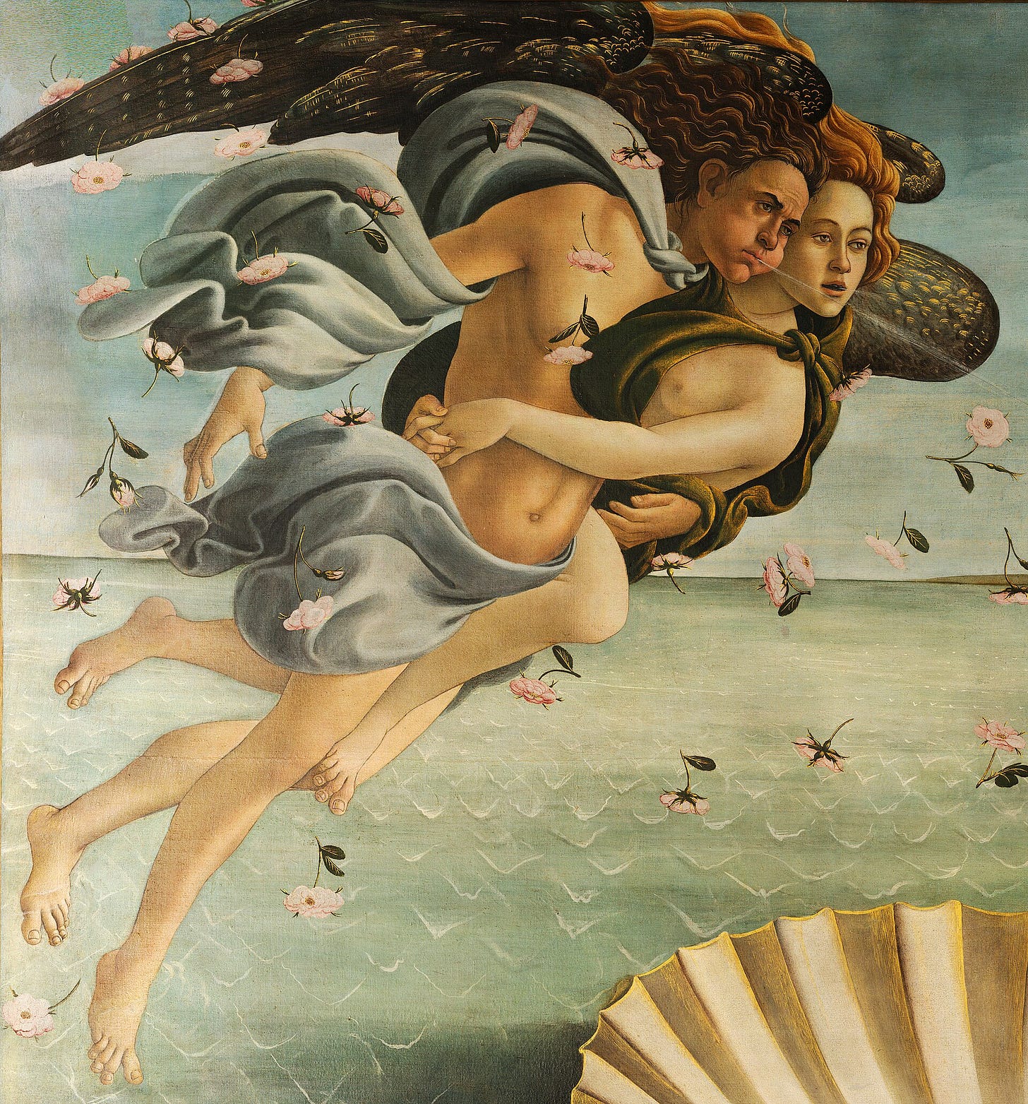 Detail of The Birth of Venus by Sandro Botticelli: Zephyr and a female companion blowing Venus ashore