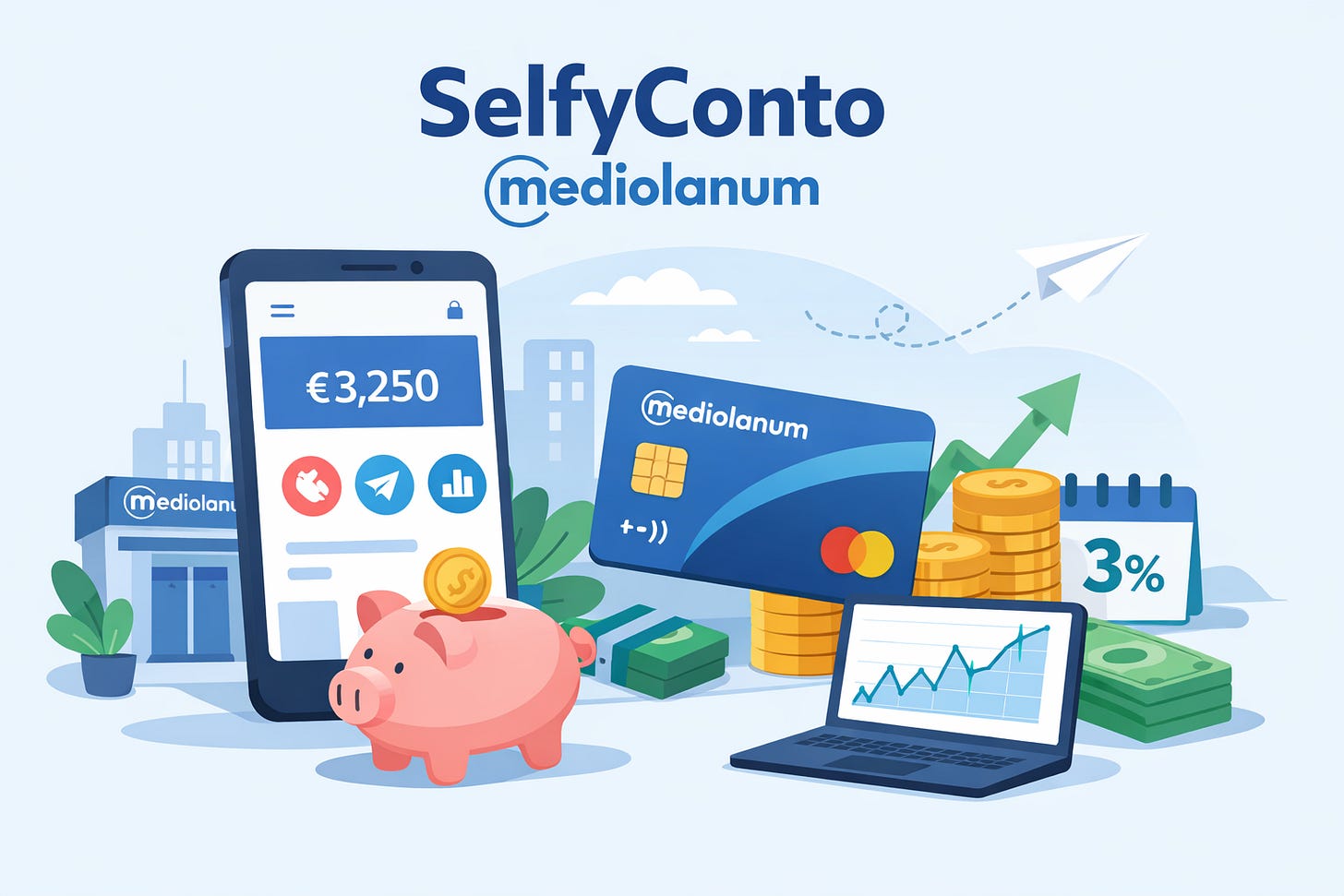 Illustrazione del conto online SelfyConto Mediolanum con smartphone e carta di pagamento.
