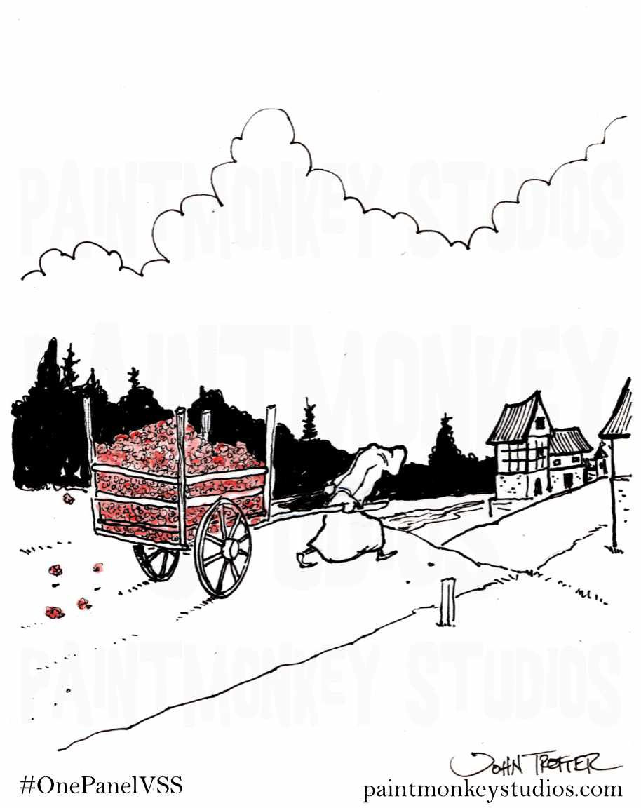 Ink drawing of what appears to be a monk pulling a cart full of flowers into a medieval village.