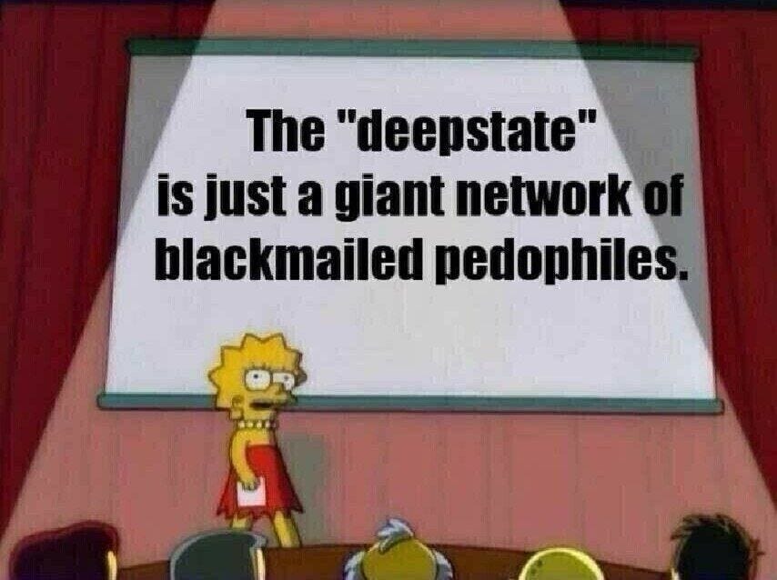The character Lisa Simpson stands in front of a screen displaying text claiming that the "deep state" is a vast network of blackmailed pedophiles.