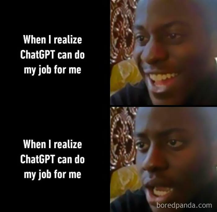 Man with changing expressions realizing ChatGPT can replace his job; funny ChatGPT meme.