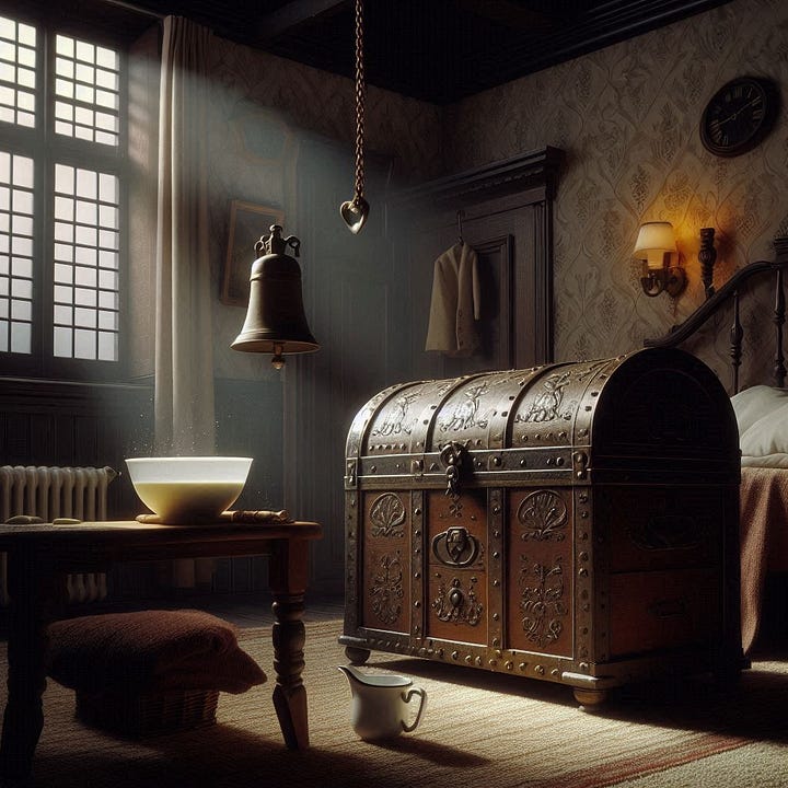 Vintage-style bedrooms featuring elements such as iron beds, wooden furniture including chairs, tables, and ornate chests with intricate detailing. The rooms are decorated with various items like clocks, framed art, and classic radiator heaters. The rooms have patterned wallpaper and are lit by natural light from windows with lace curtains or lamps casting a warm glow, creating a cozy and atmospheric ambiance.