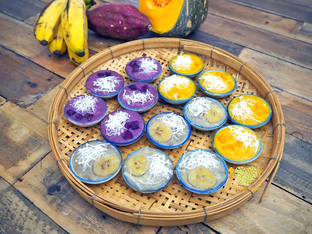 Kanom Thai: Thai Steamed Banana, Pumpkin, Purple Potato - Lion Brand Kanom Thai: Thai Steamed Banana, Pumpkin, Purple Potato - Lion Brand