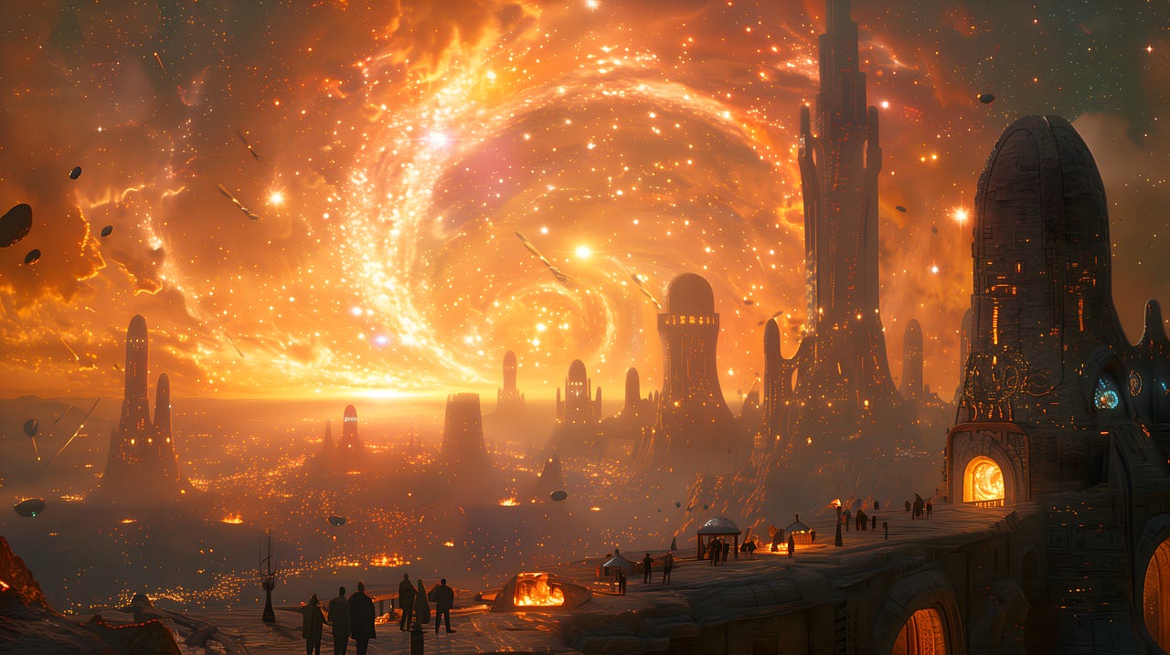 Sci-fi cityscape bathed in orange light, with celestial spirals overhead and small silhouettes of people standing in the city.