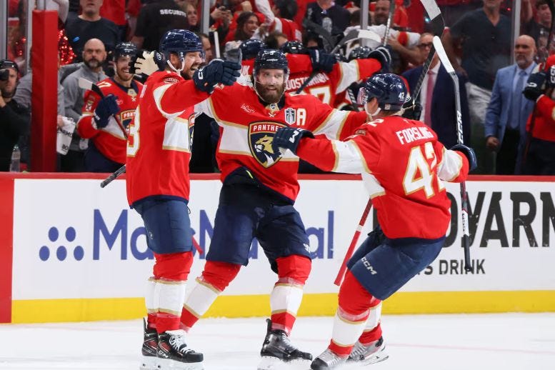 Sam Reinhart celebrates a goal with Carter Verhaeghe and Gustav Forsling during the clinching game 6. Sam Reinhart celebrates a goal with Carter Verhaeghe and Gustav Forsling during the clinching game 6.