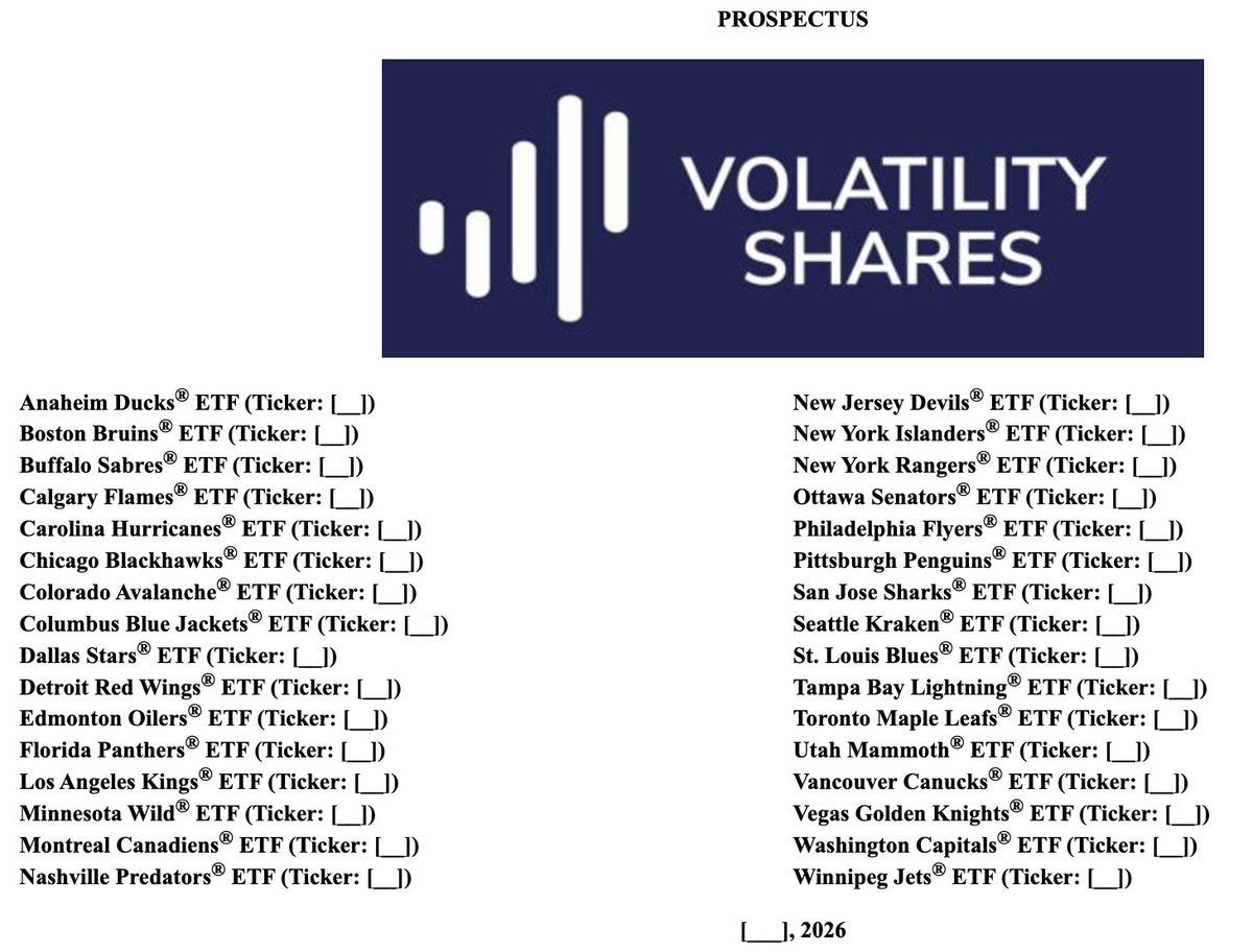 New filing for NHL hockey ETFs from VolShares, which will track the  performance of 32 dif teams (eg the Boston Bruins ETF) which will be based  on how the team does (eg