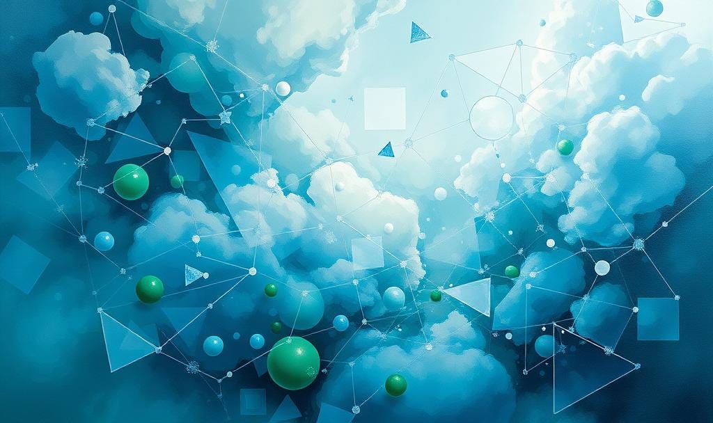 Abstract painting of data streams flowing from cloudy, chaotic forms into clean, organized geometric structures, impressionist style with blues and greens