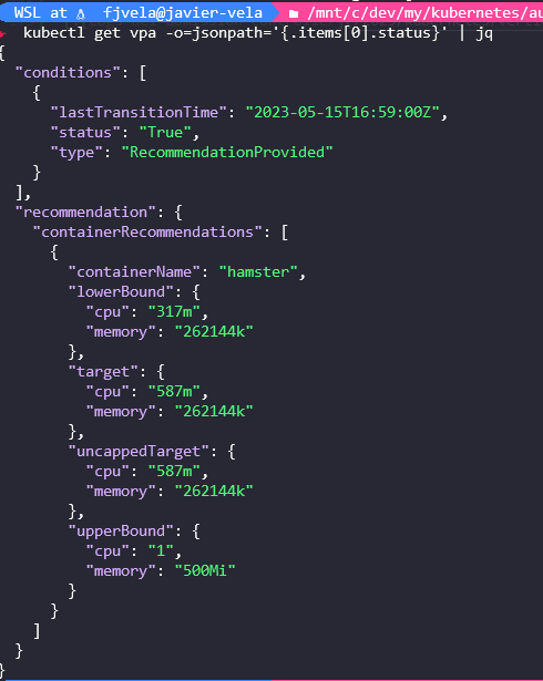 Resultado ejecución comando kubectl get vpa Resultado ejecución comando kubectl get vpa