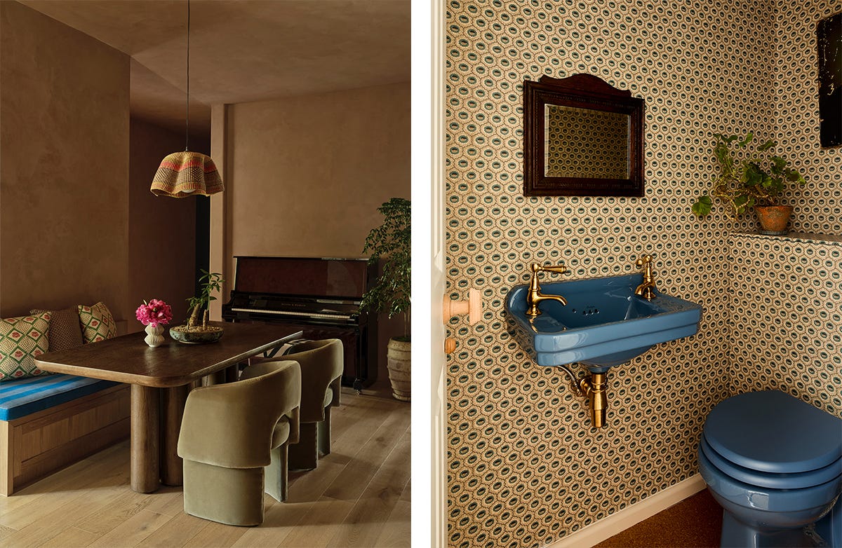 Left: Brown and blue dining room; Right: Brown and blue wallpapered powder room Left: Brown and blue dining room; Right: Brown and blue wallpapered powder room