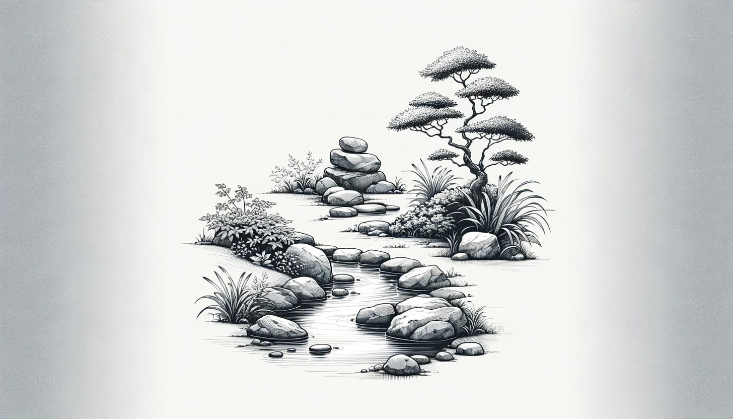 A tranquil and minimalistic illustration of a Japanese garden, focusing solely on the elements of the garden without any background. The image features a gently flowing stream, a few carefully arranged stones, and delicate, well-pruned plants. The style is peaceful and elegant, emphasizing the garden's elements to convey a sense of calmness, mindfulness, and the art of finding serenity through simplicity. The illustration is trimmed, with no background, highlighting the peaceful beauty of the Japanese garden.