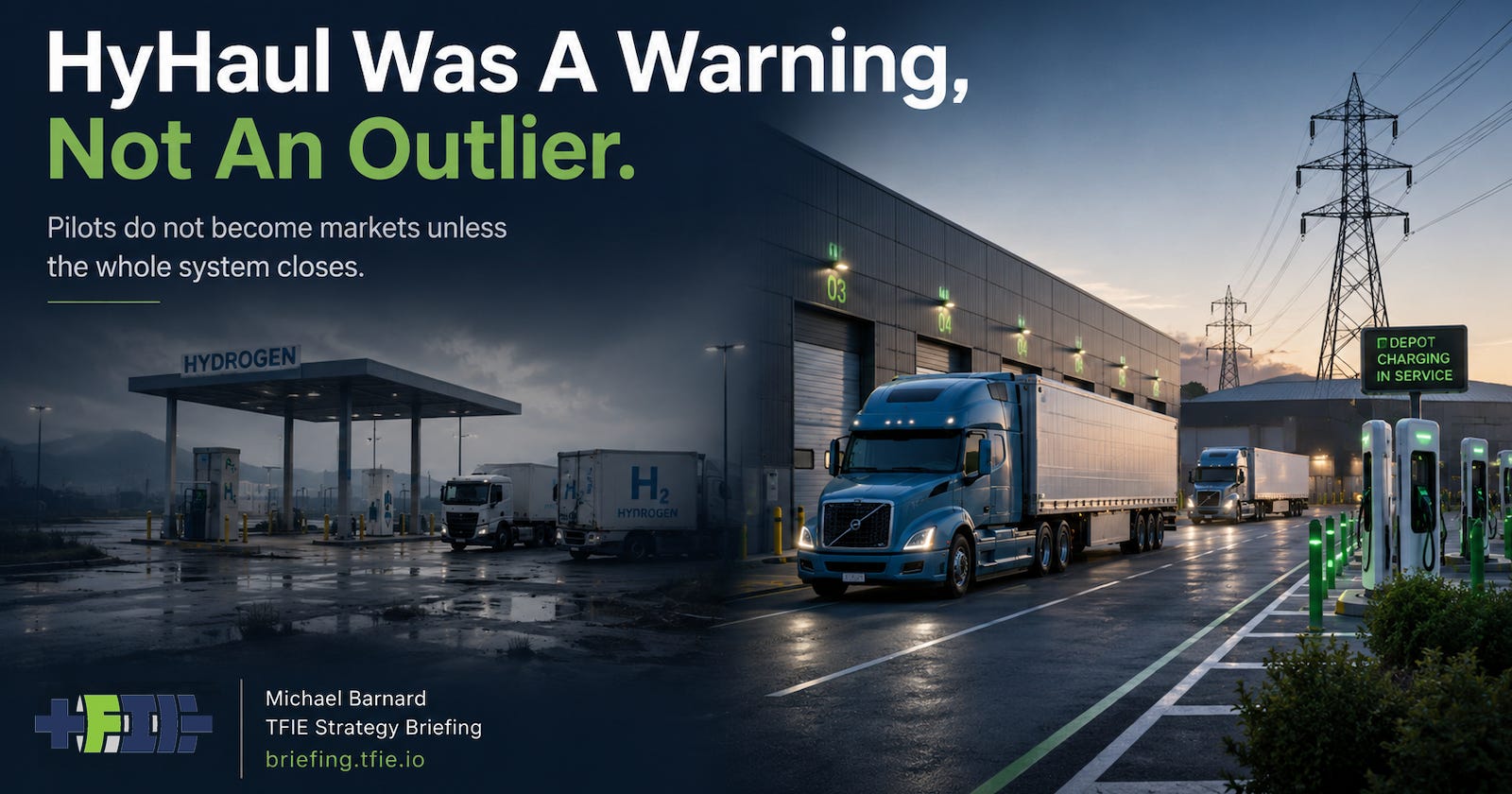 Hydrogen freight corridor fading beside a working battery-electric truck depot with chargers, grid connection and trucks in service.