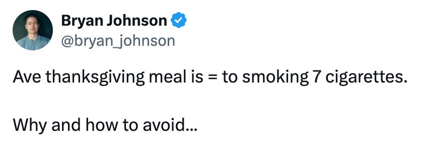 Tweet from @bryan_johson that says "Ave thanksgiving meal is = to smoking 7 cigarettes.   Why and how to avoid..."