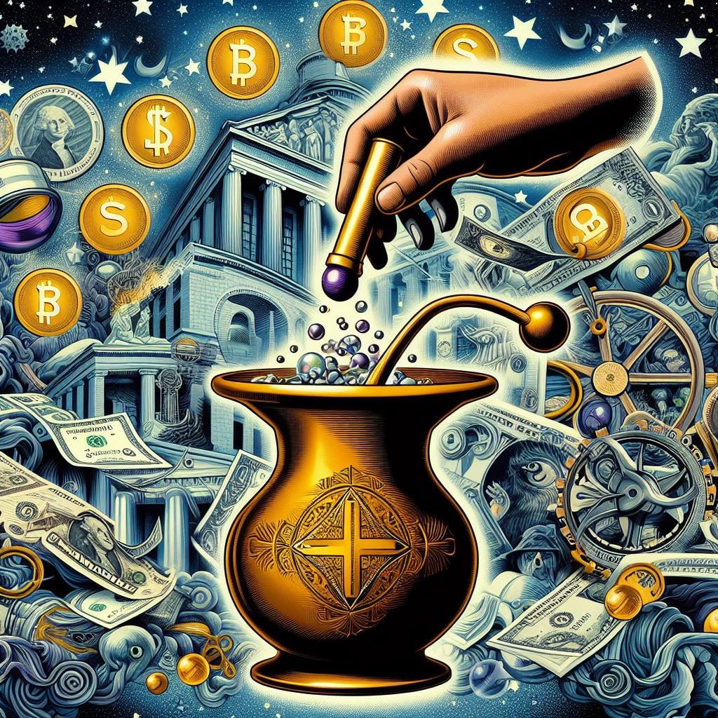 The Federal Reserve and the Mandrake Mechanism with lots of money symbols and magical illustrations