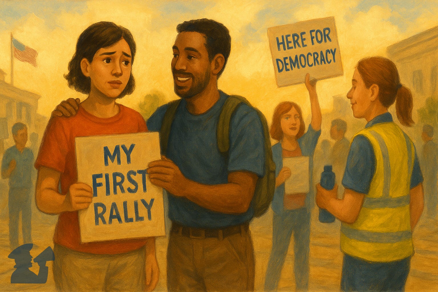 Illustration about worrying going to a pro-democarcy rally 