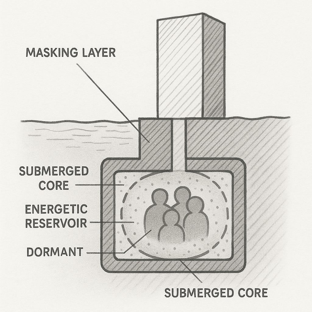A cross-sectional grayscale illustration of a hidden chamber below water. The chamber contains an energetic reservoir with several dormant humanoid figures inside. The chamber is surrounded by a masking layer and labeled as “submerged core.” The tall structure above is connected downward into the chamber.