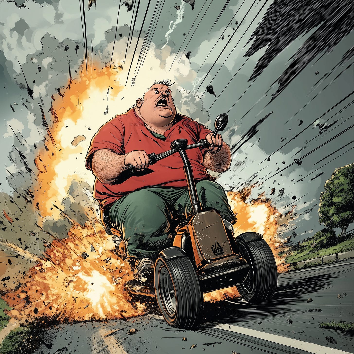 Comic of overweight man escaping from tornado on a mobility scooter