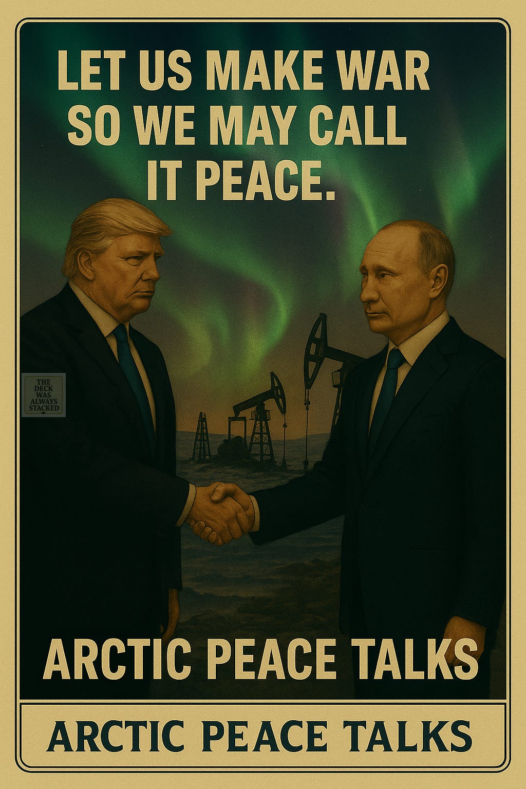 Faux summit photo of Trump and Putin with Northern Lights backdrop and mining rigs in foreground.