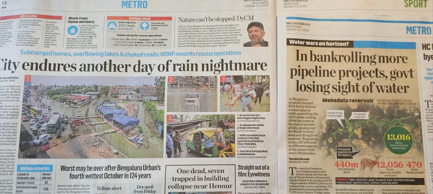 newspaper clipping highlighting water and infra issues in Bangalore