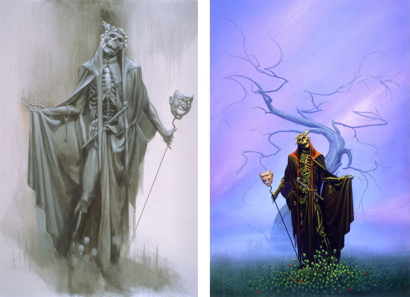LEFT: Tonal preliminary concept featuring the angel of death sweeping aside its robe in a welcoming gesture.  RIGHT: In a field of poppies, a skeletal figure wearing a black and red silk cloak holds a smiling mask set on the end of a thin staff. Sweeping the cloak aside in a welcoming gesture, it reveals an antique key hanging from a ring about its emaciated forearm. The other arm is tied off with rubber tubing. Pronounced veins run the length of necrotic flesh. Beneath the cloak, chains wraps the torso, criss-crossing, secured by a padlock. The green tunic beneath is torn to expose yellowing rib bones. Atop its tilted skull rests a crown of mushrooms and a single bird wing. Its orbitals are dead black, and many teeth are missing. A syringe dangles from a loose chain around its neck. Another needle hangs from its belt with longer cord weighed down by a spoon. A long opium pipe with a bulbous end is tucked through the belt. A winding tree rises behind the angel of death, bare limbs branching like veins, blue against the purple haze of the misty backdrop.