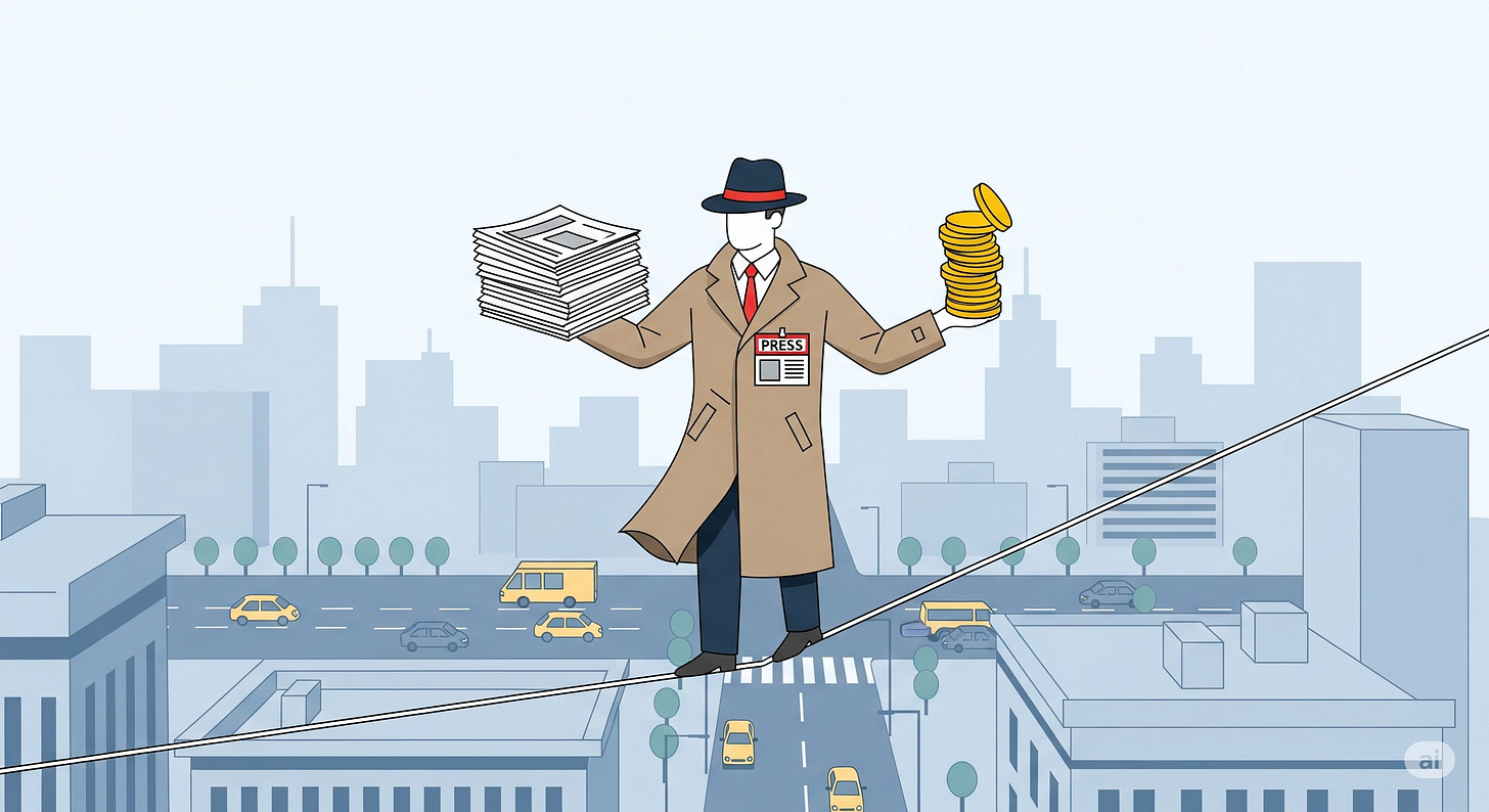 A minimalist illustration of a reporter in a fedora and trench coat walking on a tightrope high above a city street. He balances a stack of newspapers in one hand and a stack of gold coins in the other. A minimalist illustration of a reporter in a fedora and trench coat walking on a tightrope high above a city street. He balances a stack of newspapers in one hand and a stack of gold coins in the other.