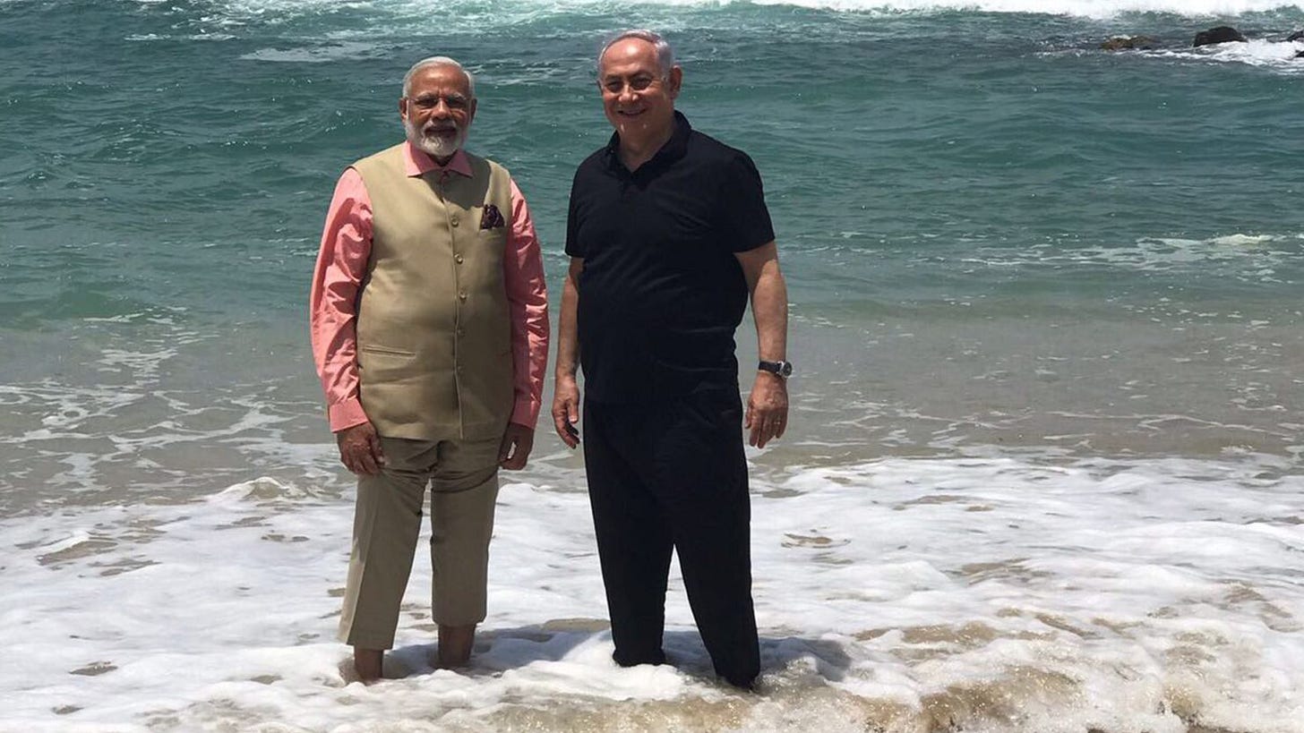 Israeli Prime Minister Benjamin Netanyahu and Indian Prime Minister Narendra Modi at the beach. Israeli Prime Minister Benjamin Netanyahu and Indian Prime Minister Narendra Modi at the beach.
