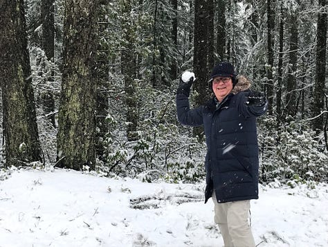 Photos of man throwing snowball, skibowl, picnic basket with soup, snowman, and Skyway restaurant and race car