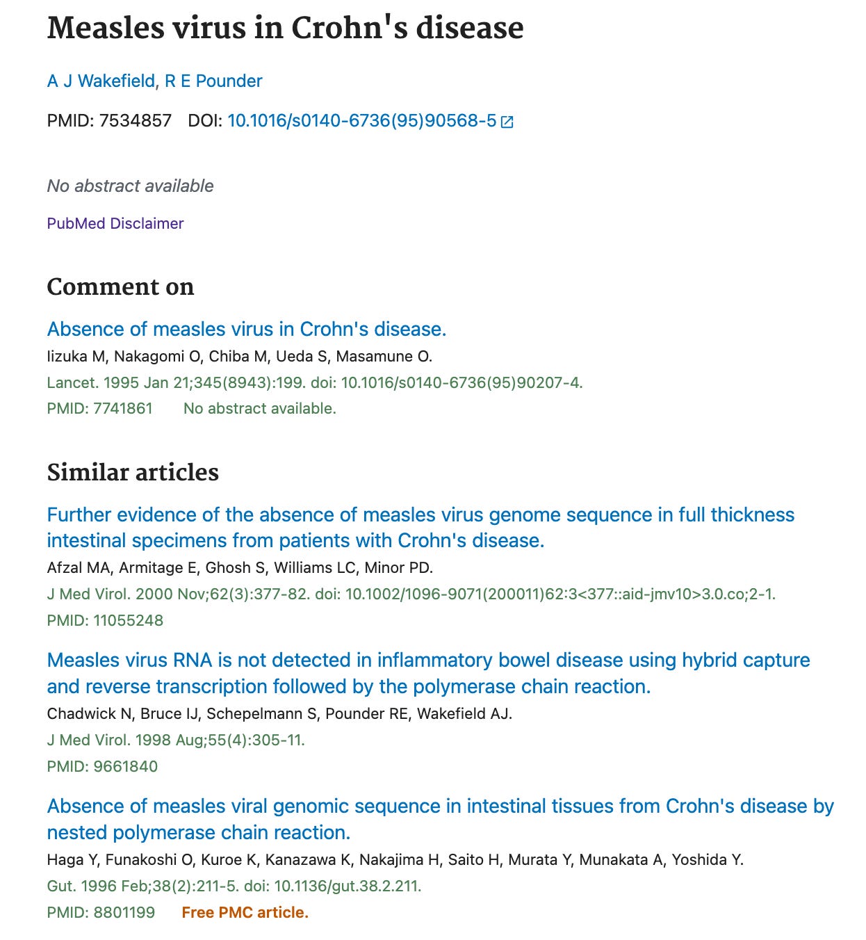Jikkyleaks, one of many anonymous anti-vaccine influences, brings up Andy Wakefield’s first paper, which claimed that the measles virus was associated with Crohn’s disease, but doesn’t tell you that NO ONE was able to replicate Andy Wakefield’s findings. Another fraudulent study?