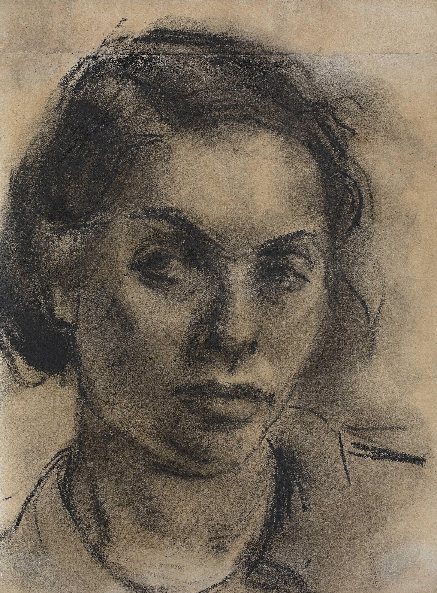 Drawing in black on brownish paper of a young woman's face, her dark hair pulled back, her eyes lowered and turned slightly aside. Drawing in black on brownish paper of a young woman's face, her dark hair pulled back, her eyes lowered and turned slightly aside.