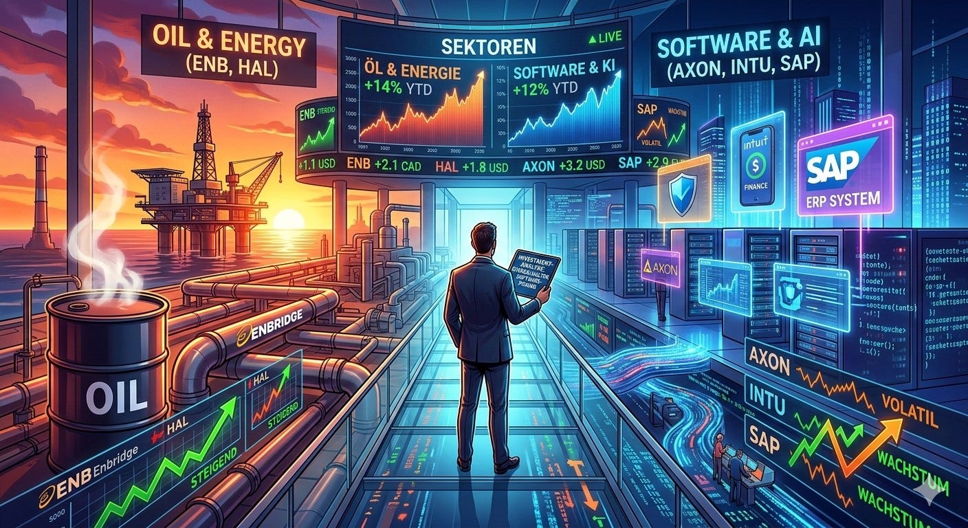 „Die Brücke zwischen Blech und Byte: Ein Portfolio-Panorama der antizyklischen Strategie. Links die physische Cash-Basis aus unterbewerteten Energie-Giganten wie Enbridge und Halliburton; rechts die gezielte Jagd auf Software-Champions wie SAP, Axon und Intuit inmitten der Sektoren-Rotation. Wo andere Chaos sehen, zeigt das Bild die Logik des smarten Einkaufs.“ „Die Brücke zwischen Blech und Byte: Ein Portfolio-Panorama der antizyklischen Strategie. Links die physische Cash-Basis aus unterbewerteten Energie-Giganten wie Enbridge und Halliburton; rechts die gezielte Jagd auf Software-Champions wie SAP, Axon und Intuit inmitten der Sektoren-Rotation. Wo andere Chaos sehen, zeigt das Bild die Logik des smarten Einkaufs.“