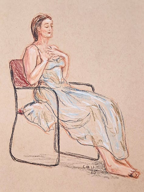 Various chalk drawing of a woman in a sundress