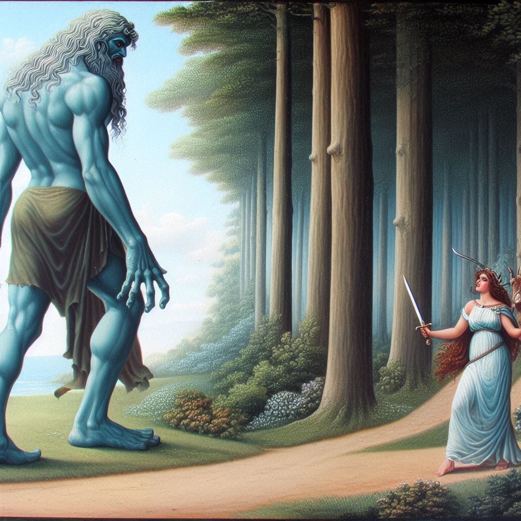 Dall-E AI art of the Pale Blue Giant facing off with Athena and Artemis at the forest edge.