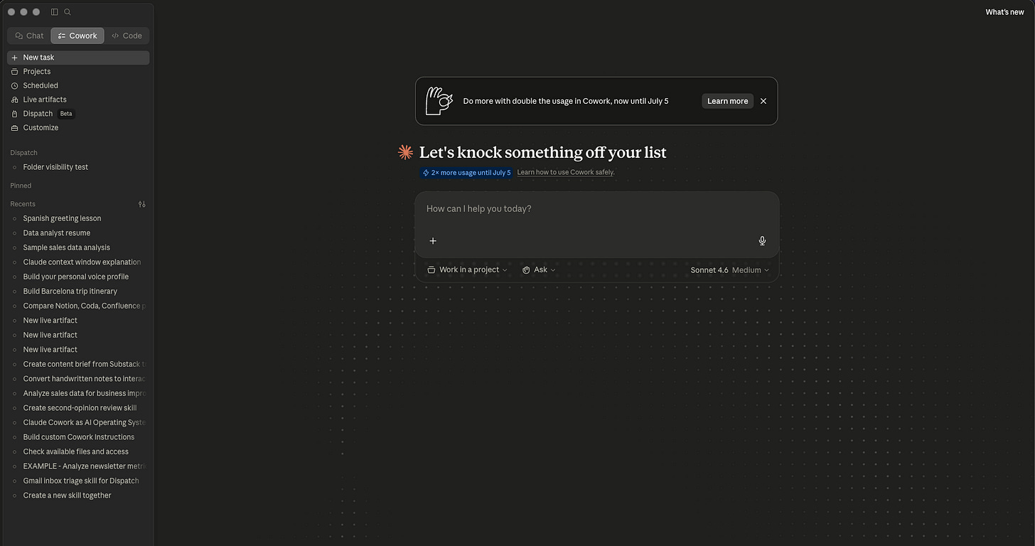 Claude Cowork home screen before creating a GSC analyst project for Substack SEO data