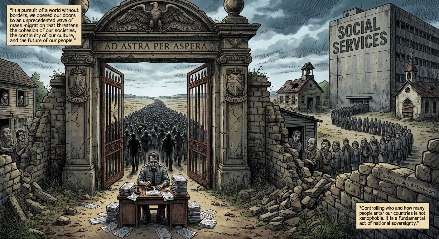 can you create the following image for me based upon  Image PromptFrank Miller graphic novel style full color intense and emotionally charged A massive ornate Western gate  styled after classical European architecture with carved stone eagle_image_1