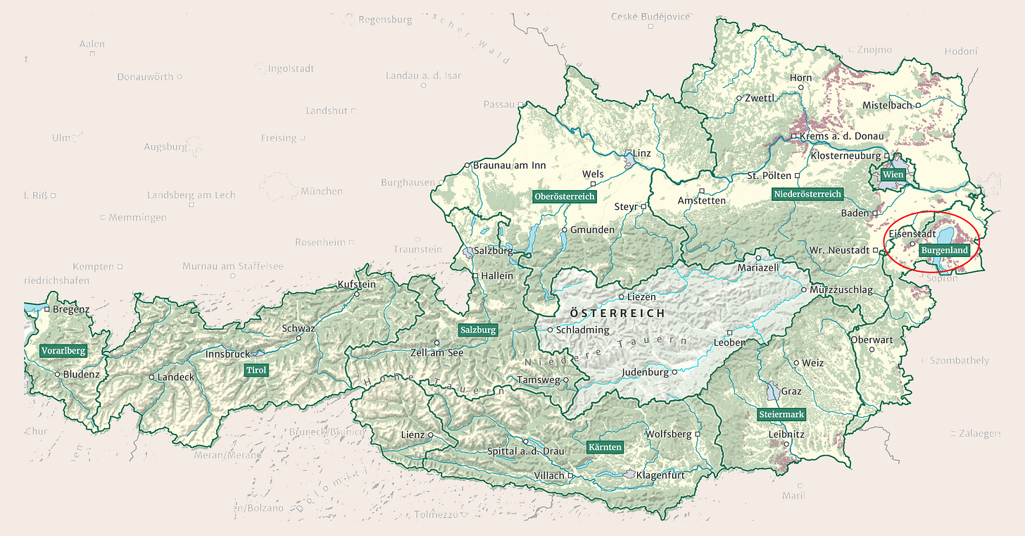 Map of Austria, with Burgenland circled in red, to the far east. Adapted from Austrian Wine Marketing maps. Map of Austria, with Burgenland circled in red, to the far east. Adapted from Austrian Wine Marketing maps.