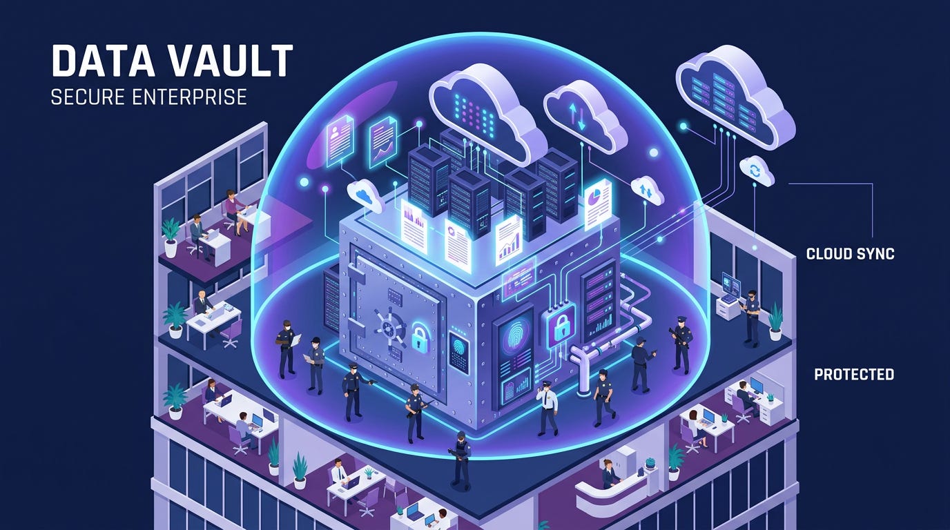 Flat isometric illustration of a secure enterprise data vault containing glowing documents and cloud symbols, a large protective shield surrounding the vault, cloud infrastructure positioned inside the company’s building rather than outside it, small business figures guarding sensitive data, dark navy background, clean vector art style, purple, white and blue accents, modern cybersecurity business editorial aesthetic Flat isometric illustration of a secure enterprise data vault containing glowing documents and cloud symbols, a large protective shield surrounding the vault, cloud infrastructure positioned inside the company’s building rather than outside it, small business figures guarding sensitive data, dark navy background, clean vector art style, purple, white and blue accents, modern cybersecurity business editorial aesthetic