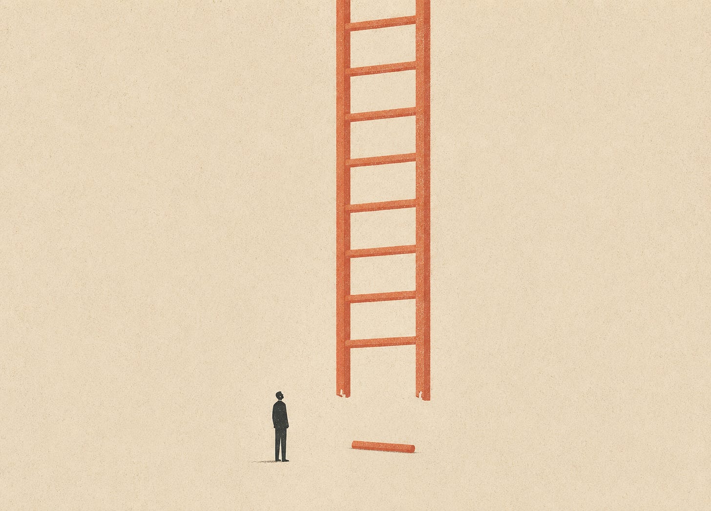A minimalist mid-century illustration of a small lone figure looking up at a towering terracotta ladder. Its lowest rung has broken off and lies on the ground, leaving the ladder out of reach against a textured bone-beige background. A minimalist mid-century illustration of a small lone figure looking up at a towering terracotta ladder. Its lowest rung has broken off and lies on the ground, leaving the ladder out of reach against a textured bone-beige background.