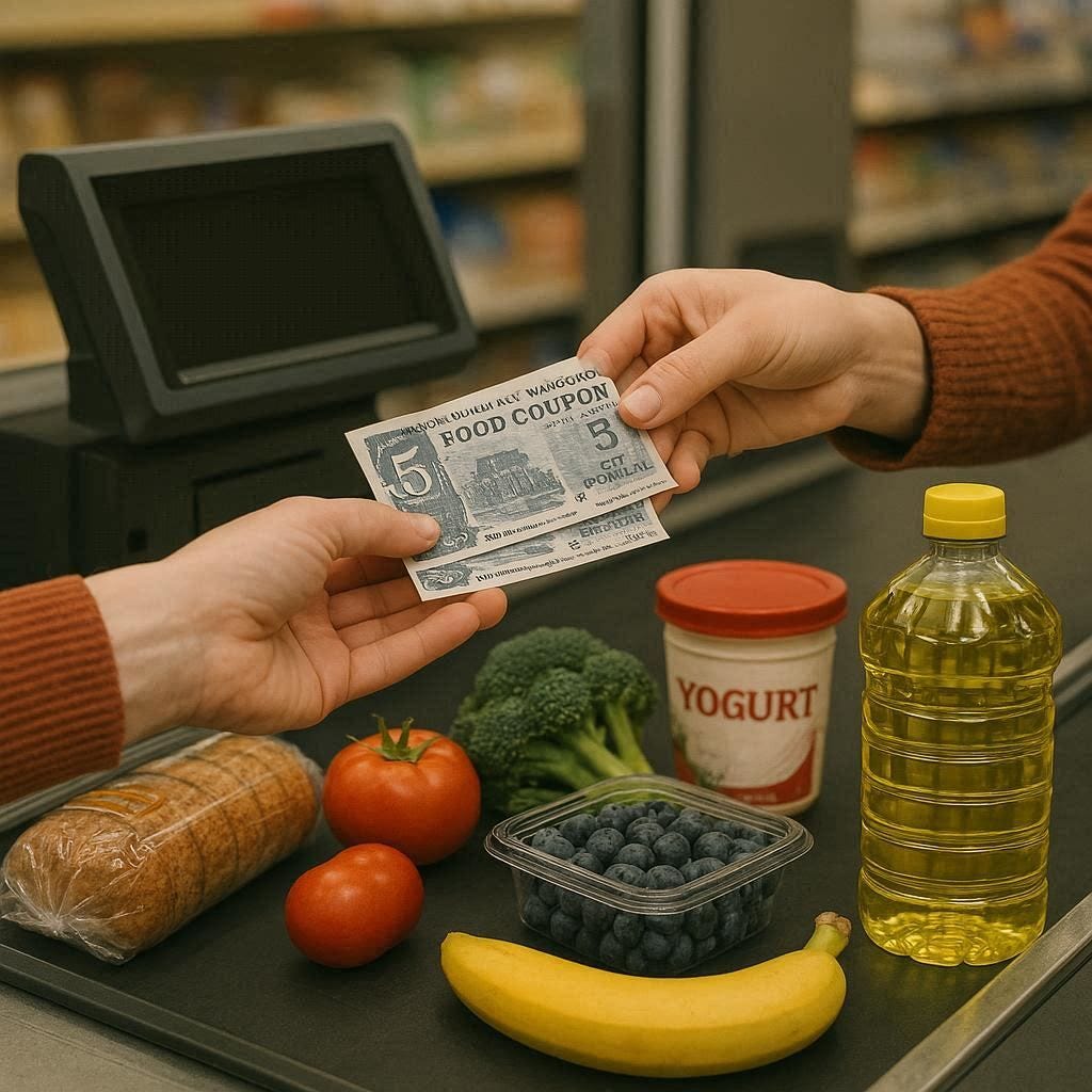 draw an image of a grocery store check-out conveyor with food on it and a customer's hand reaching across putting food stamps into the hand of a cashier on the other side of the conveyor