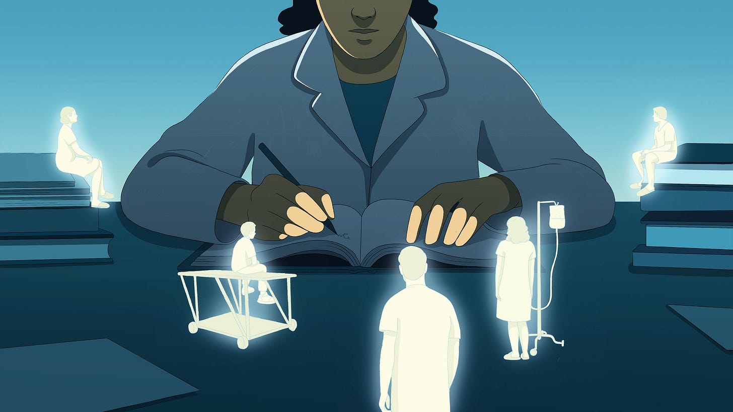 Illustration of a doctor writing about her patients.
