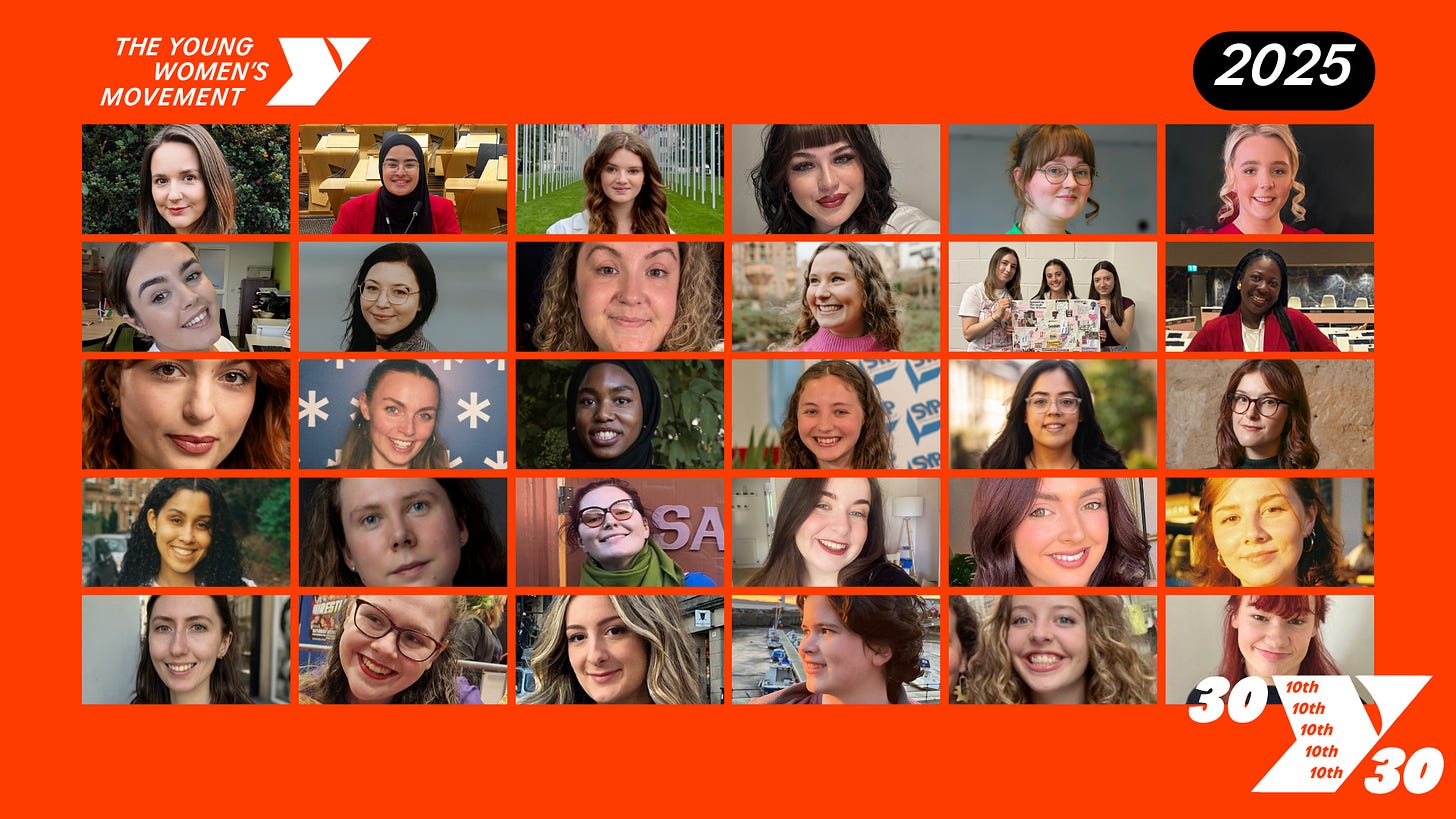 A grid of 30 photos of young women, with The Young Women's Movement and 30 Under 30 logos A grid of 30 photos of young women, with The Young Women's Movement and 30 Under 30 logos