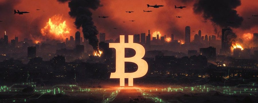 A large Bitcoin symbol stands on a glowing green circuit board in the foreground while a city burns behind it under a blood-red sky filled with warplanes and explosions, representing the intersection of cryptocurrency and geopolitical conflict A large Bitcoin symbol stands on a glowing green circuit board in the foreground while a city burns behind it under a blood-red sky filled with warplanes and explosions, representing the intersection of cryptocurrency and geopolitical conflict