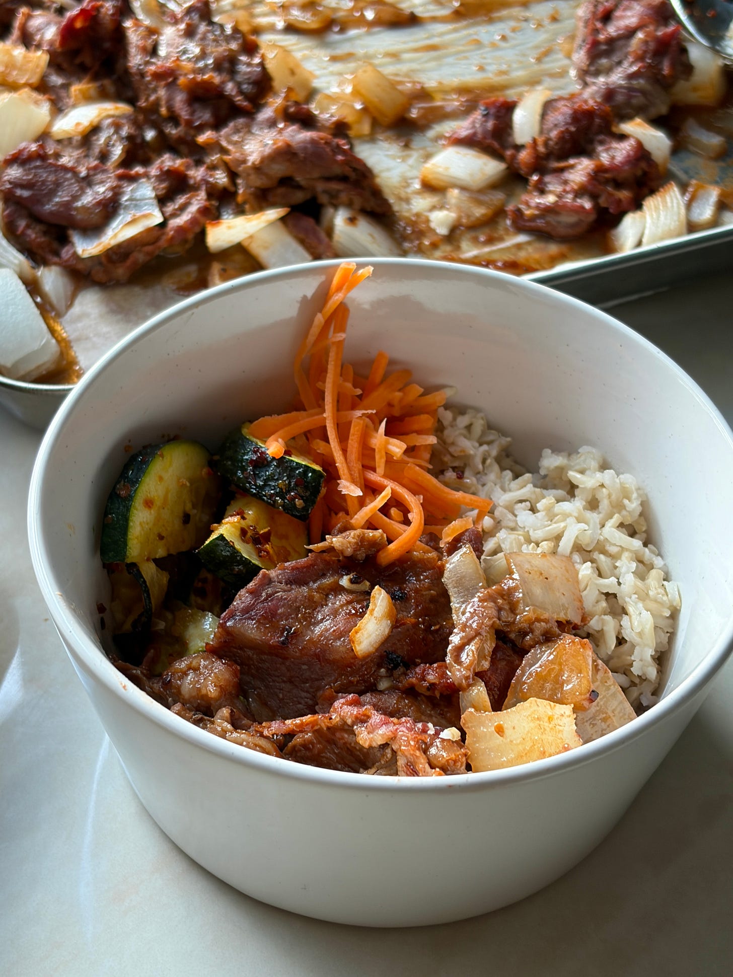 Korean BBQ shredded beef sheet pan in a bowl
