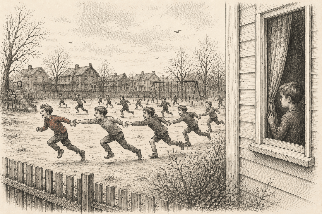 A chain of running boys tag each other one after another across the schoolyard, watched by the boy at the window.
