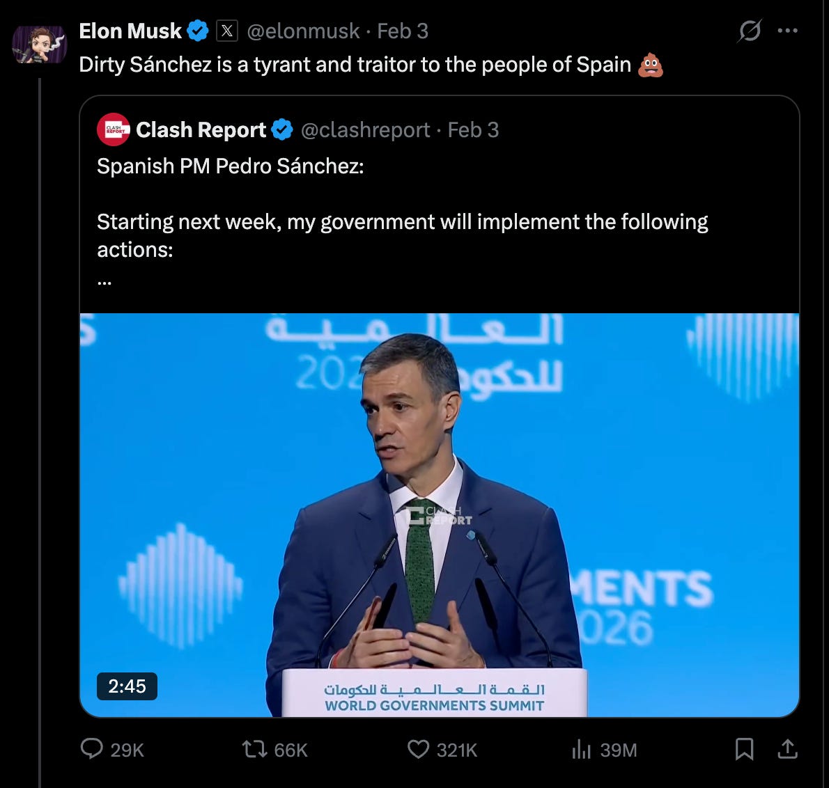 Elon: Dirty Sánchez is a tyrant and traitor to the people of Spain (poop emoji)