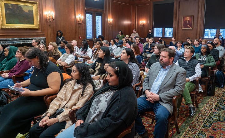 Four images: Nicole Fleetwood seated with microphone, Marquis Bey seated with microphone, an audience watching in a wood paneled room, and a group photo with the speakers and Kaplan representatives.