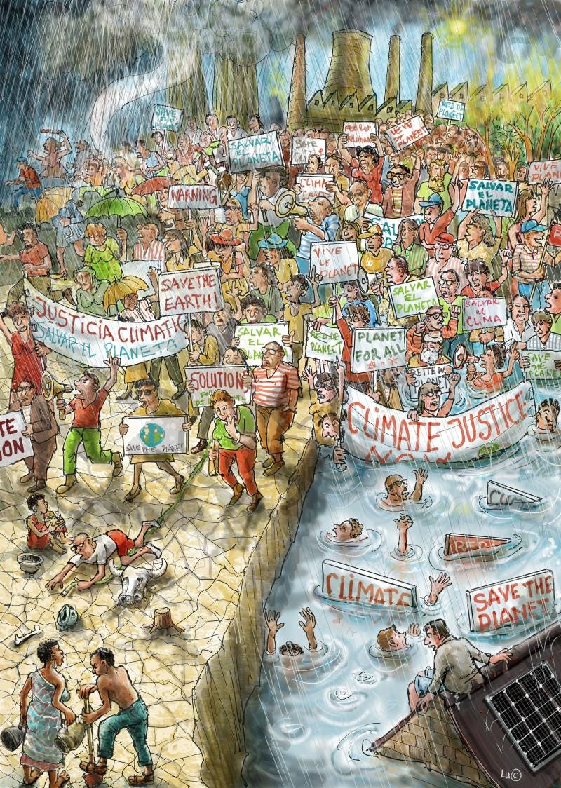 Cartoon showing climate protesters holding banners and marching in a landscape divided in two Half of the landscape is a scorching desert, while the other half is flooded in water. In the background we see large factories. Cartoon showing climate protesters holding banners and marching in a landscape divided in two Half of the landscape is a scorching desert, while the other half is flooded in water. In the background we see large factories.