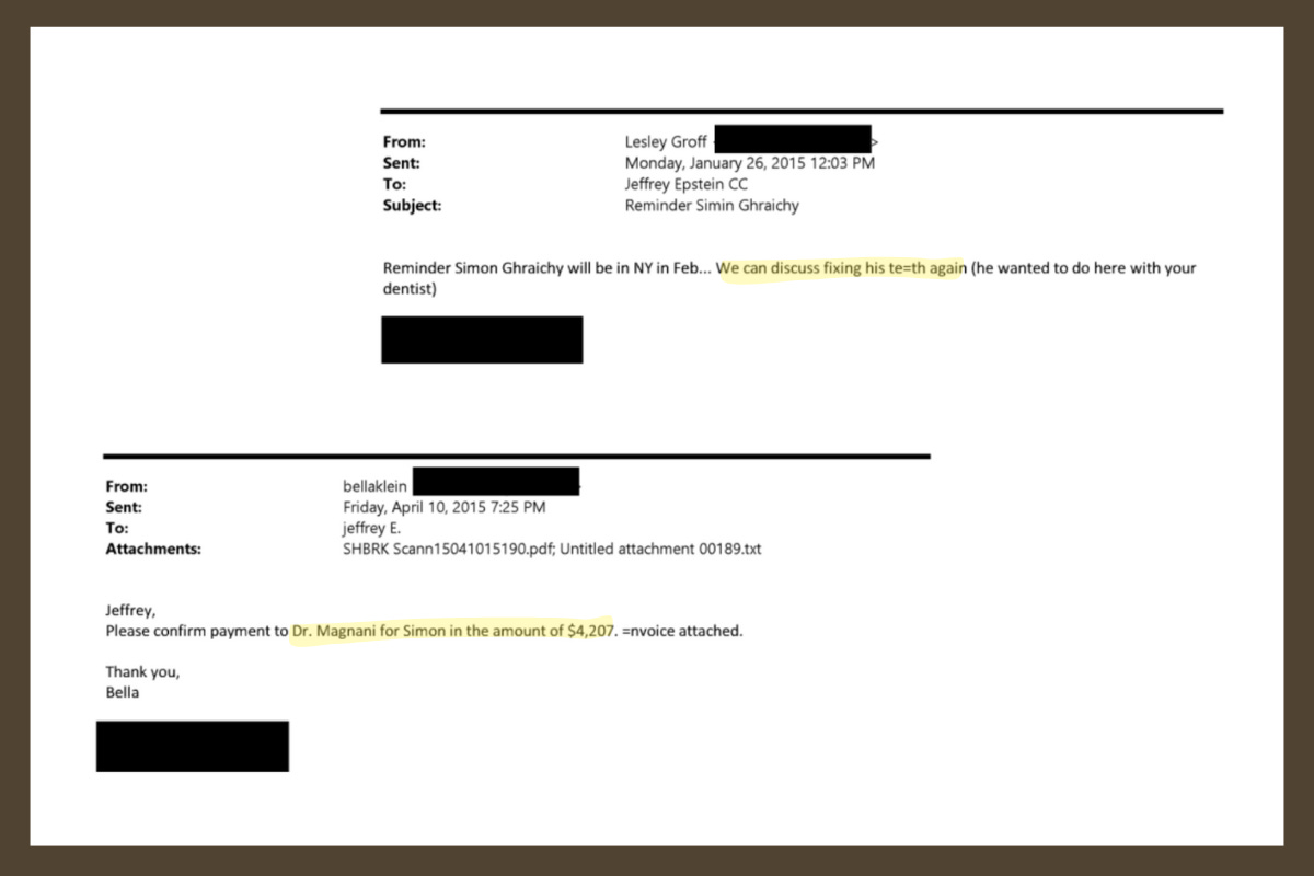 Emails between Jeffrey Epstein and various contacts about Ghraichy’s dental work suggest that Ghraichy used Epstein's New York dentist for services totalling $4,200, a bill Epstein agreed to cover.