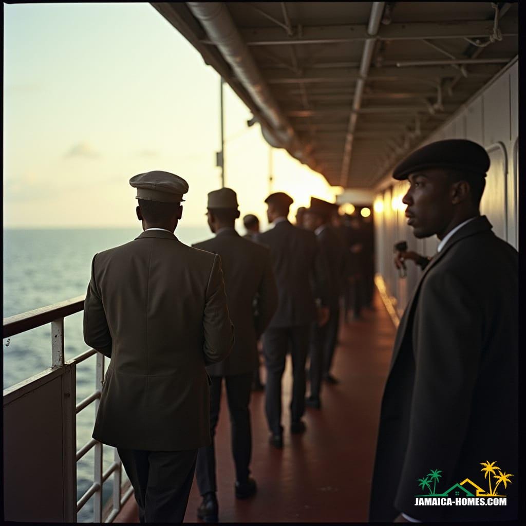  Cinematic film still: Jamaicans boarding the HMT Empire Windrush, a British troop ship, on June 22, 1948. Passengers, part of the Windrush Generation, are seen with their luggage, a mix of anticipation and determination on their faces, as they ascend the gangplank. The scene is bathed in dramatic, atmospheric cinematic lighting, with subtle film grain and a vignette effect, shot on v-raptor XL with 35mm film. Color graded and post-processed for best quality, creating an epic, stunning, and masterful live-action portrayal.