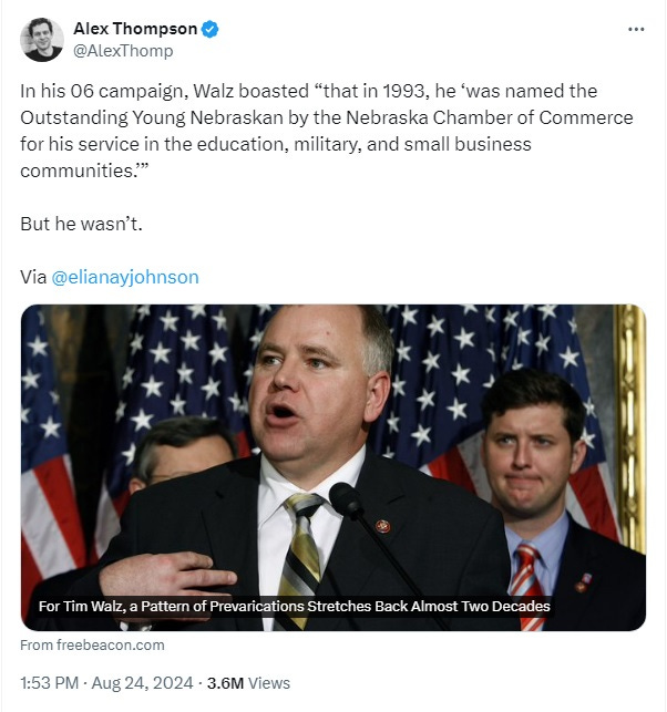 Screenshot of tweet by Alex Thompson: 'In his 06 campaign, Walz boasted “that in 1993, he ‘was named the Outstanding Young Nebraskan by the Nebraska Chamber of Commerce for his service in the education, military, and small business communities.’”  [dramatic line break] 'But he wasn’t. '