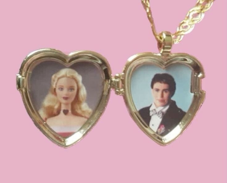 This may contain: two heart shaped lockes with pictures of people in them on a pink and yellow background